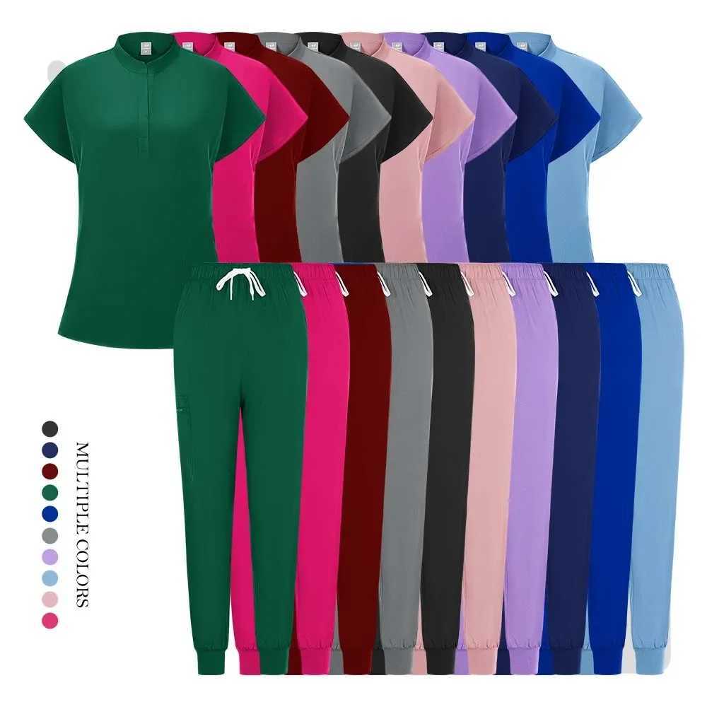 Plus Size Scrubs Set Women Medical Nurse Uniforms Stand Neck V-cut Scrub Top Jogger Pants Vet Doctor Healthcare Workers Workwear X250410