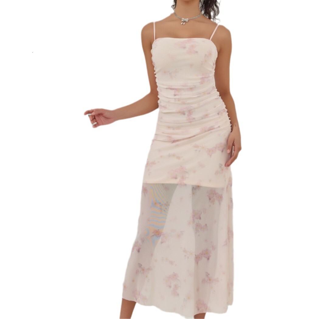 Women's clothing 2025 spring/summer new sweet printed pleated camisole dress with vacation style high elasticity fishtail long skirt