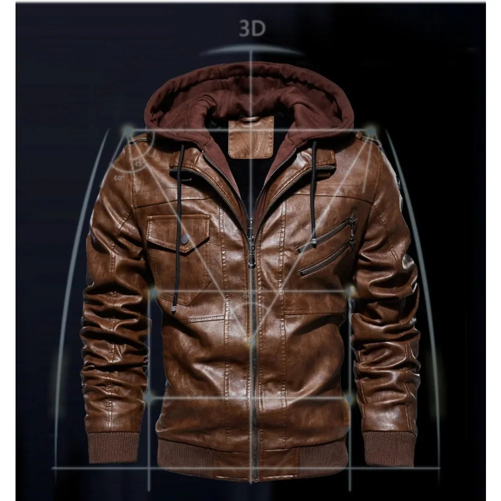 Style Spring Antumn Men Brown Leather Motorcycle Jacket with Removable Hooded Male PU Jacket Coat EU Size High Quality 251110