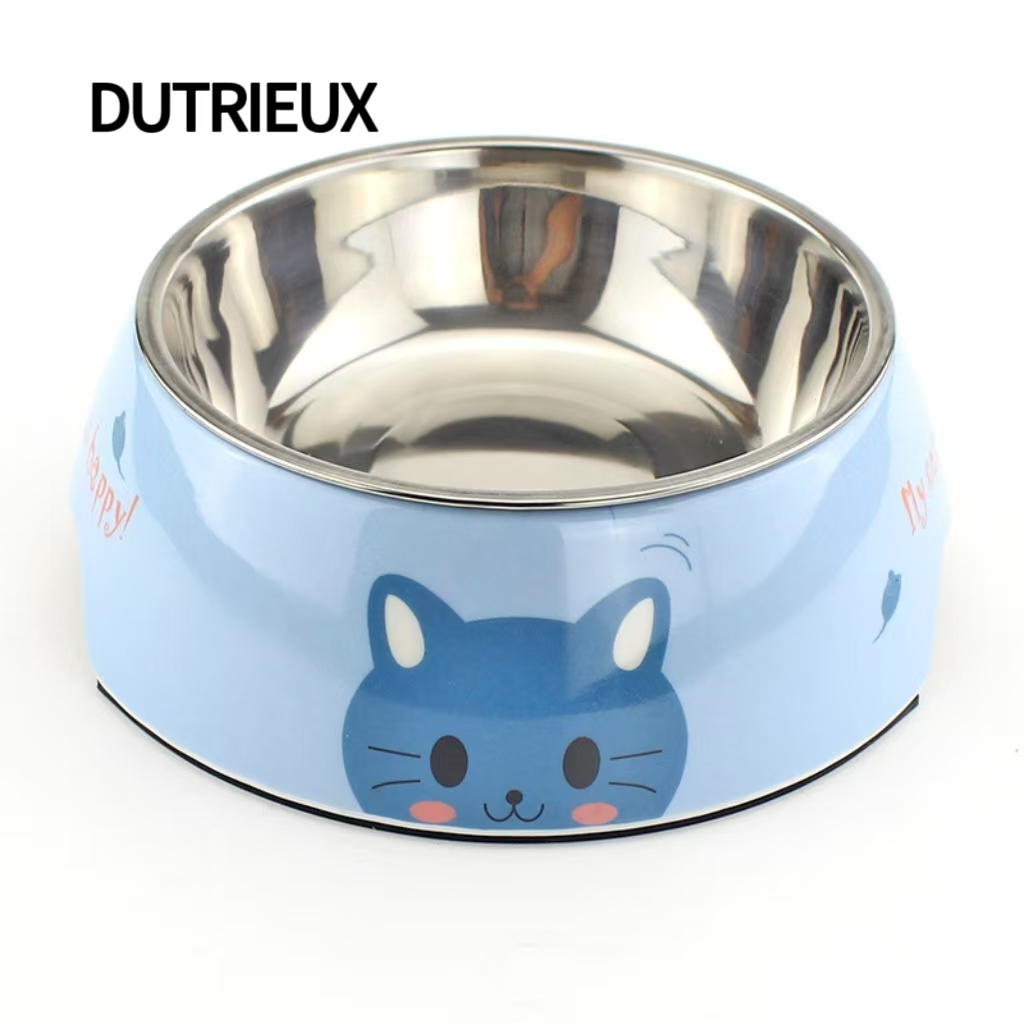 K3331 Anti-spill stainless steel pet bowl, weighted non-slip base, cartoon pattern, supplier of food bowls for dogs and cats.