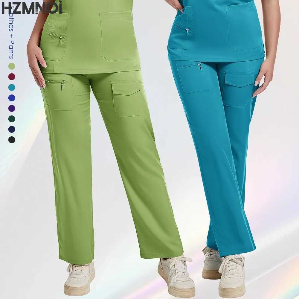Workwear Nursing Women Scrubs Pants Elastic Working Uniform Women Short Slve Neck Tops Dental Hospital Scrubs Suits X2504101