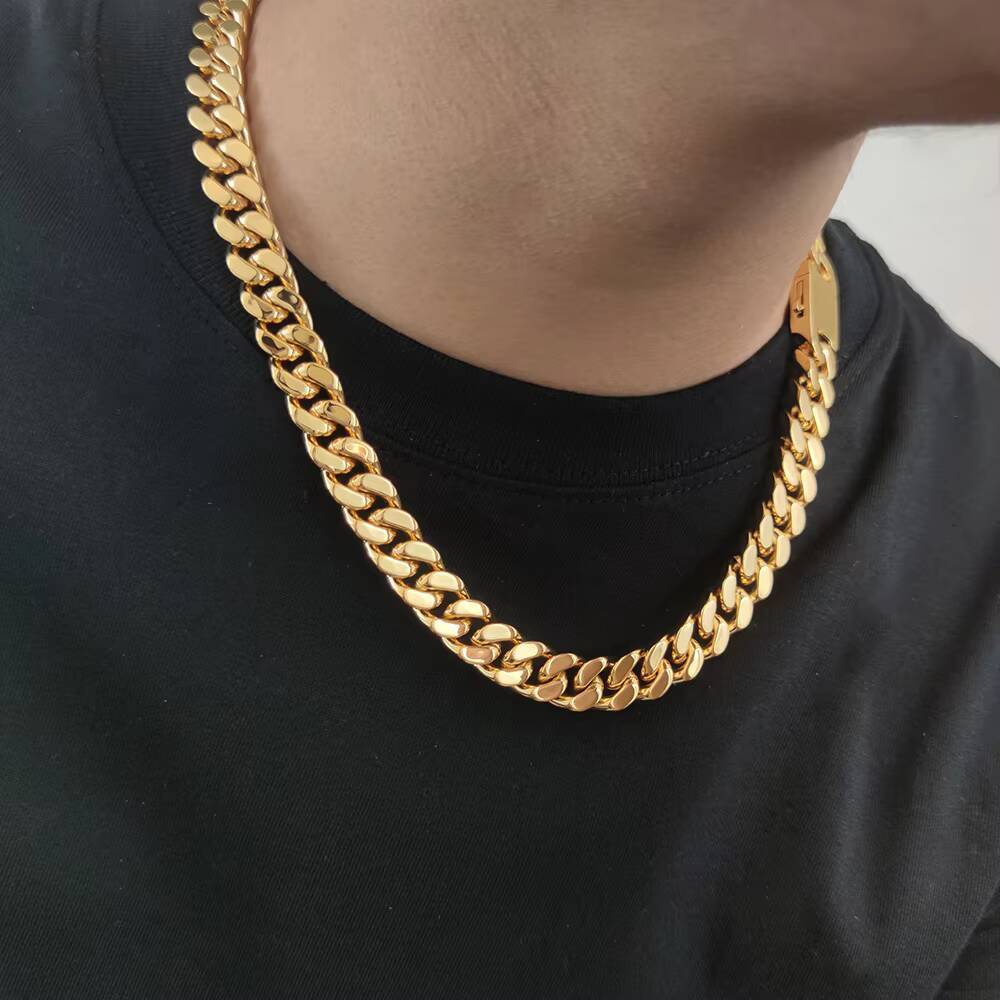 NUOYA Hip Hop Silver Cuban Curb Link Mens Miami High Polishing Stainless Steel Encrypted Chain Necklace Cuban Link Chain