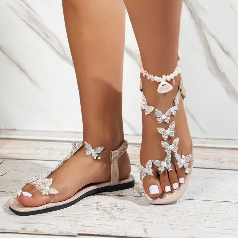 Womens Sandals Summer New Flat Butterfly Rhine Pearl Sandals Casual Lightweight N-Slip SandalsXJ250410