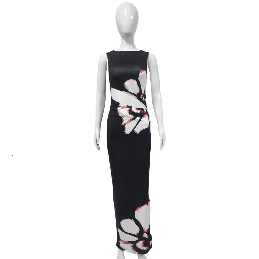 Women's hollow waist sexy slit long 2025 summer new round neck elegant style dress for women