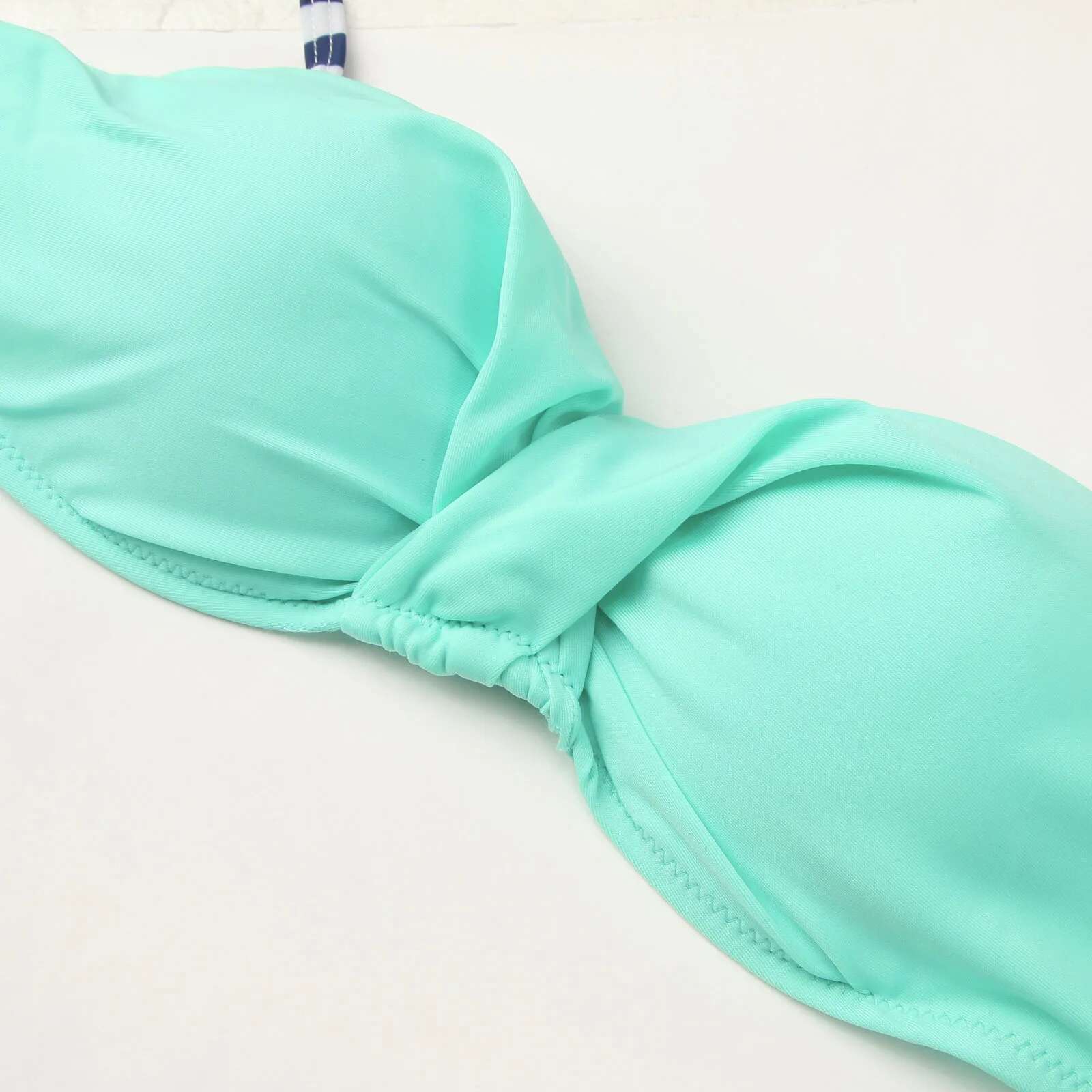 Sexy Push Up Bandeau Swimsuit Criss Cross Pleated Pure Color Stripe Low Waist Two-Piece Bikini Set Vacation Brazilian Swimwears