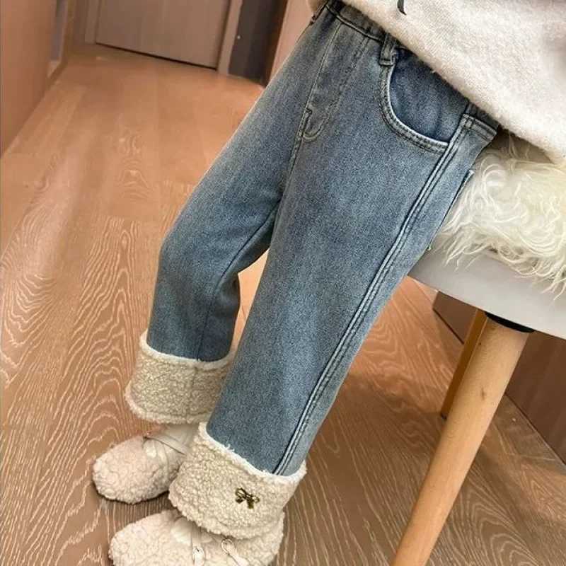 Girls Plush-Lined Denim Jeans - Thick Winter Warm Pants for Kids Fashionable Cold-Weather Trousers L251110