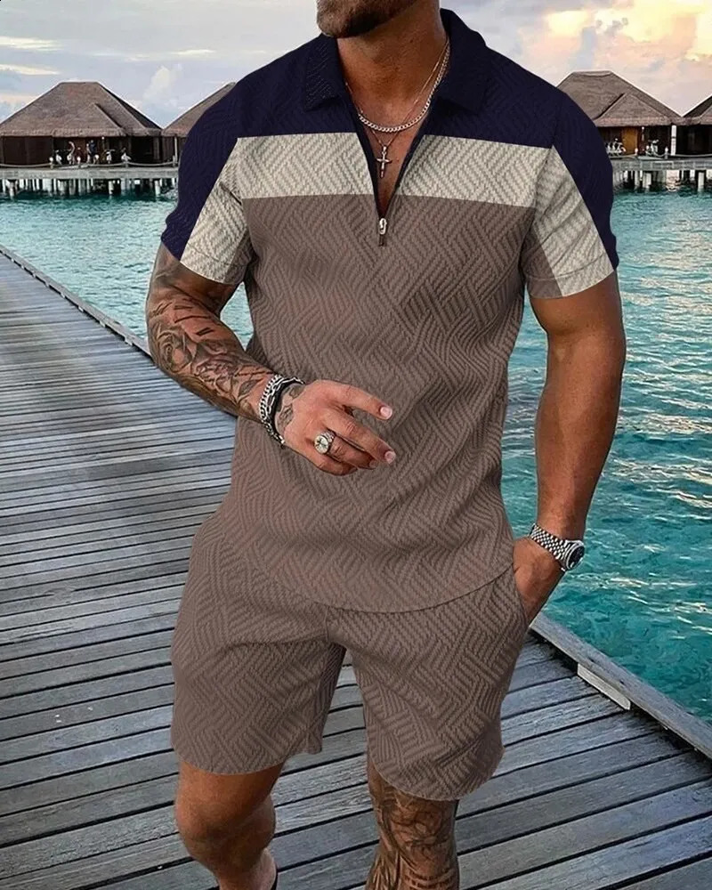 Summer trend casual mens track set fashionable retro 3D printed zipper collar polo shirt and shorts 2-piece set with oversized zipper 250410