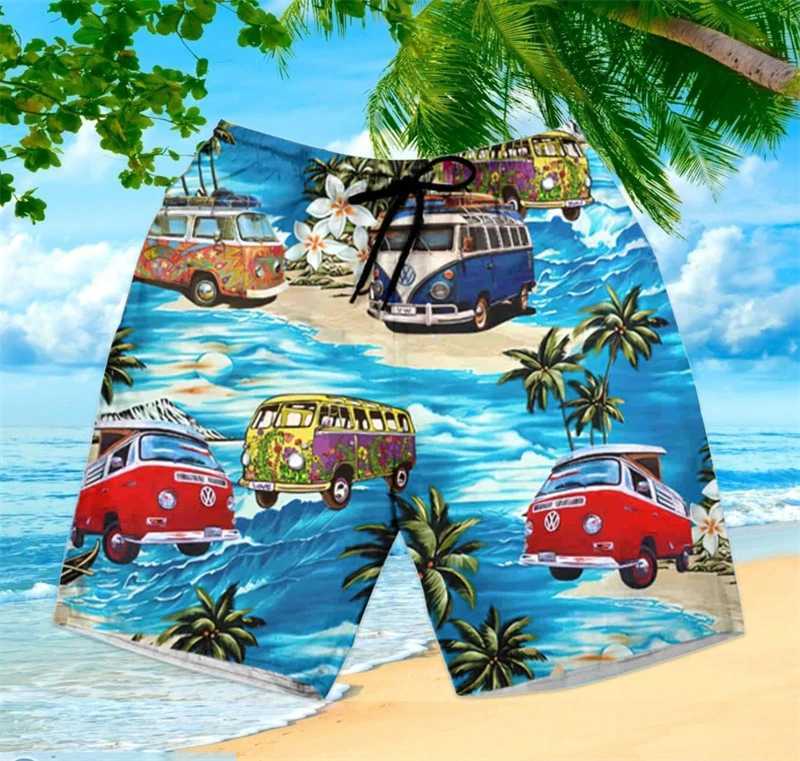 Mens loose beach shorts funny bus 3D printing Hawaiian shorts Harajuku street clothing luggage mens clothing fashionable childrens swimming trunkW2504