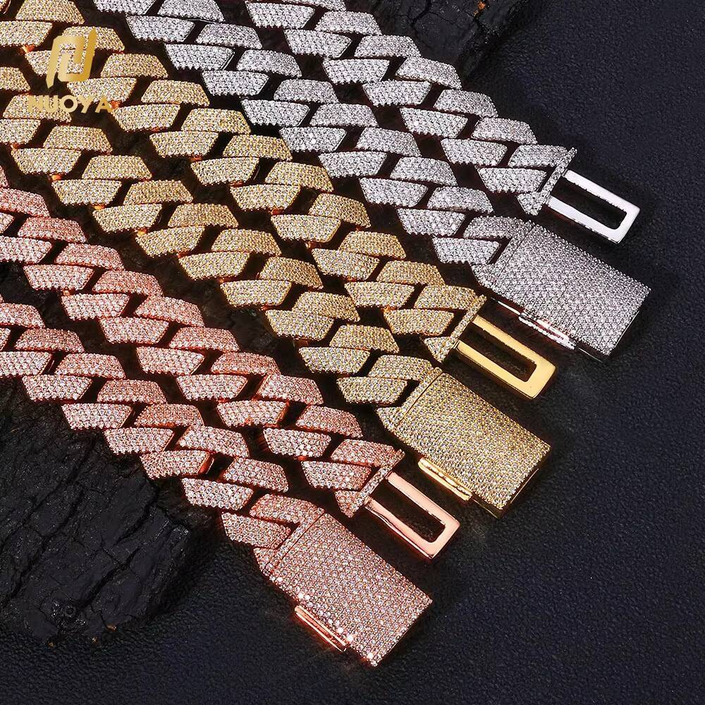 NUOYA Luxury Hip Hop Chain Necklace 15mm Width Box Clasp Micro Pave 4 Row Moissanite Diamond Prong Cuban Link Chain Rapper Jewelry