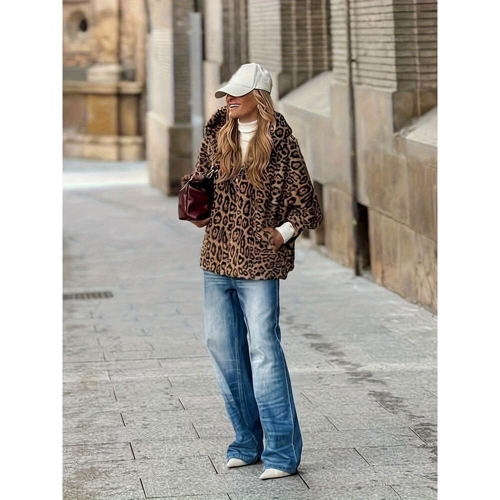 Women's - Long Sleeve Non-Stretch Elegant Zipper Closure Coat Everyday & Events, All-Season Chic Outerwear For Women, Leopard Print Jacket, Forma