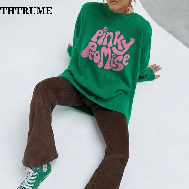 Autumn Winter Letter Print Sweaters Fashion Women Green Vintage Y2k Knit Streetwear Jumpers Tops Casual O-Neck New Pullovers