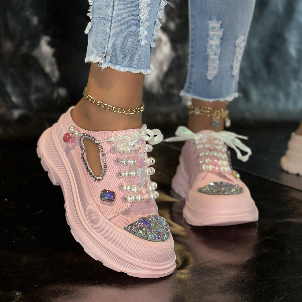 Sparkling Pearl Women's Canvas Shoes Casual Sports Shoes Women's Fashion Luxury Casual Shoes Lace up Sports Slippers Designer Outdoor Beach 