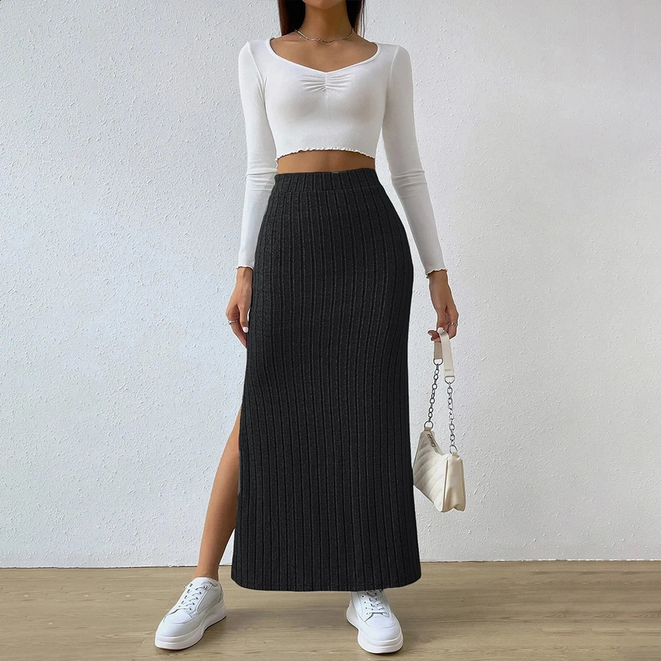 Womens Skiing 2024 SpringSummer Korea High Waist Elastic Slim Hip Knitted Sexy Bodycon Midi Clothing M L XL XXL 250407