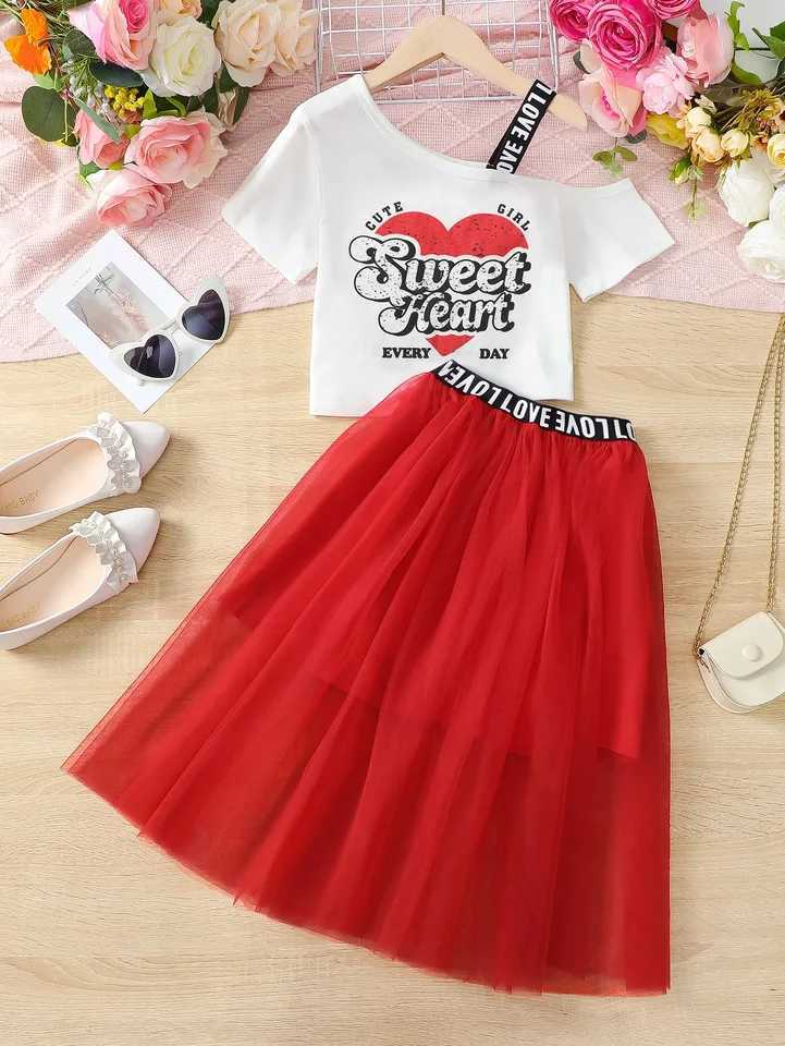 2PCS Summer Childrens Girls Clothing Set Short Sleeve Shoulder Strap T-shirt+Mesh Skiing Academy Sleeve Childrens Girls Clothing 8-12 Years OldXJ25041