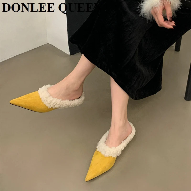 Fashion Mule Shoes Women Slippers Low Heels Fur Shoes Flip Flops Winter Autumn Warm Plush Shoes Pumps Female Footwear 251110