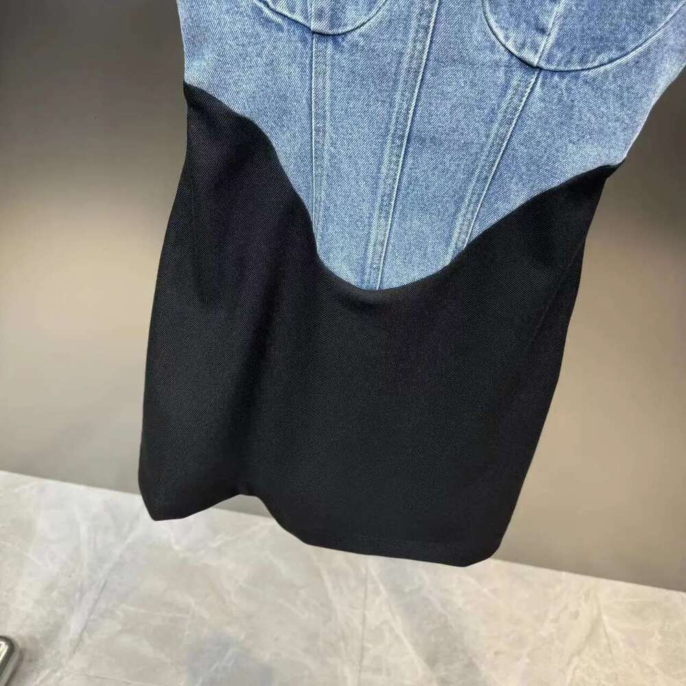 DEAT Shoulder Strap Detachable Denim Splice Dresses For Women 2024 Summer New Fashion Versatile Suspenders Dress Female 11Xx9233