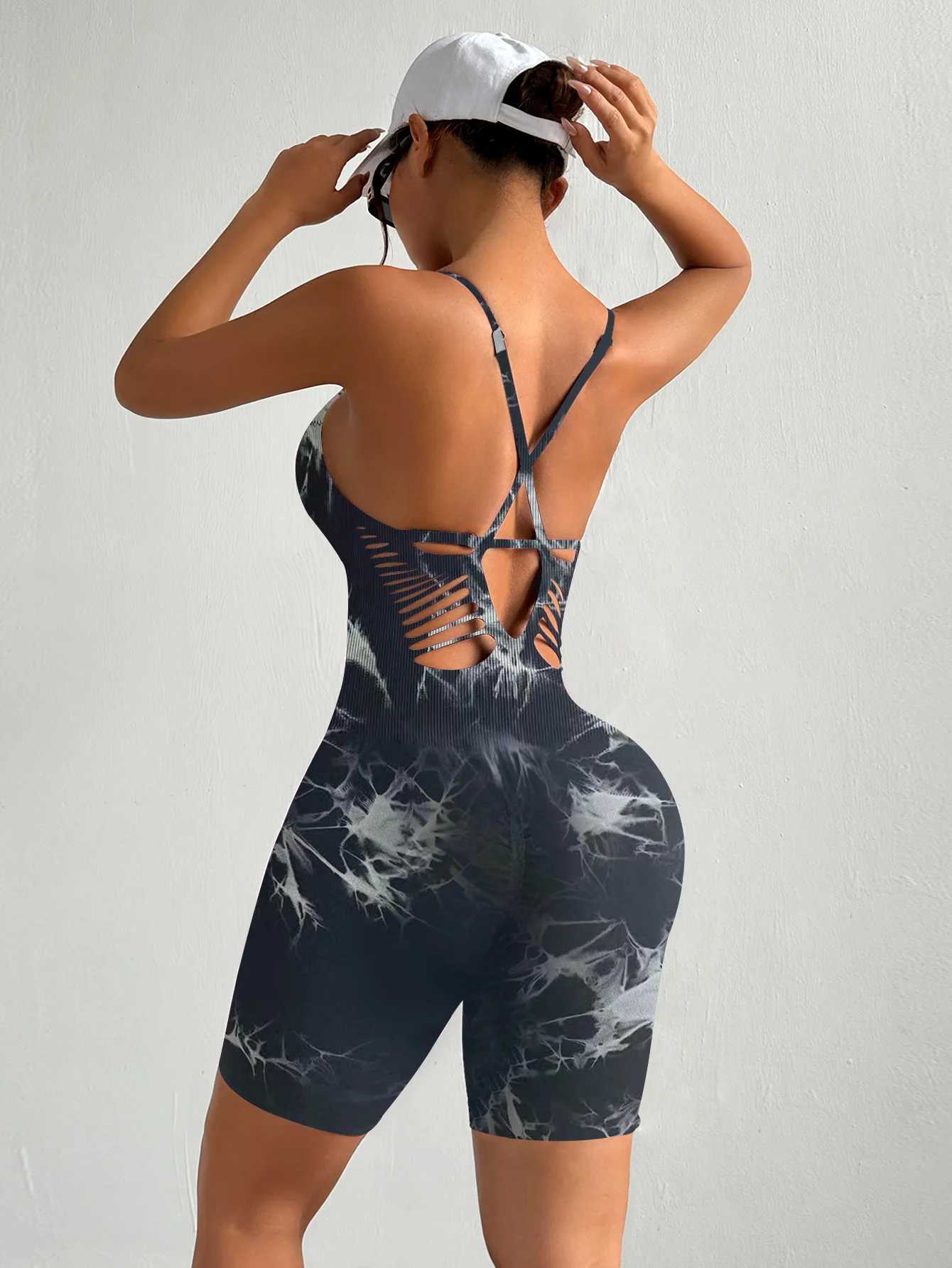 Womens fitness suit gym jumpsuit with cup short set womens track and field suit yoga suit sportswearW250411