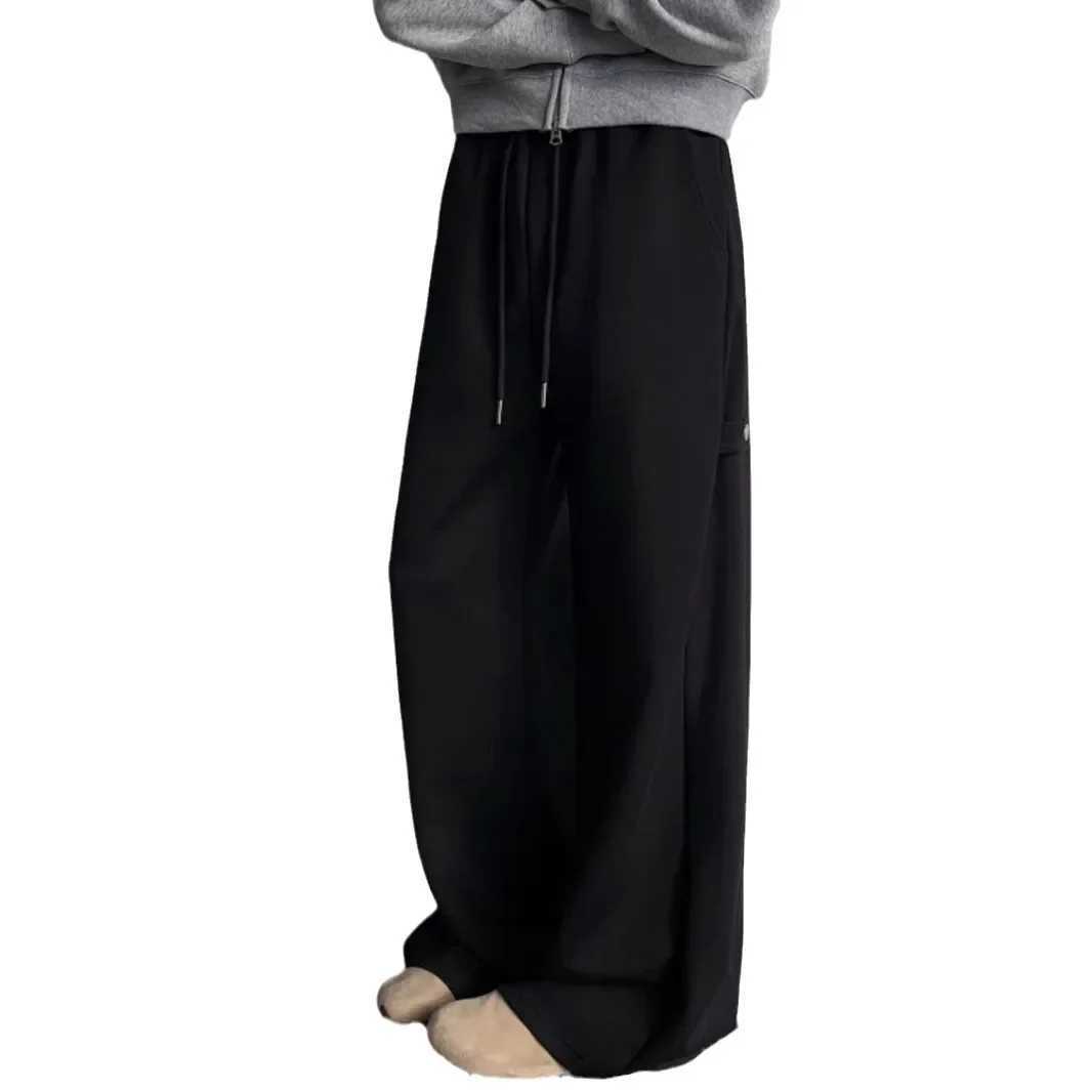 Grey heavy-duty mens pants spring/summer American style streetwear straight leg wide leg drawstring casual sports pantsXJ250410