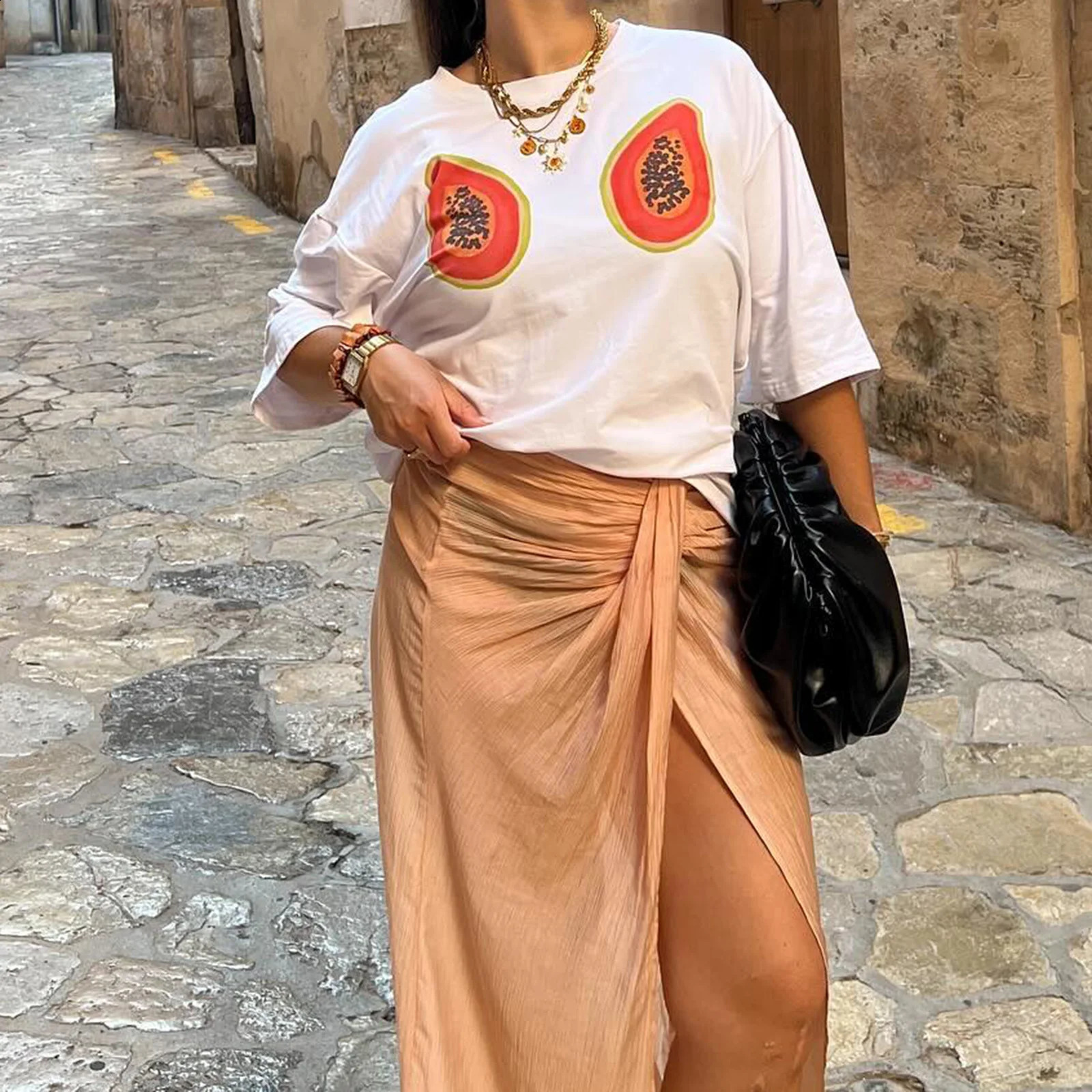 Summer Women Loose T-shirt Crew Neck Short Sleeve PapayaCherryPaw Print Summer Loose Tops for Casual Daily 250410