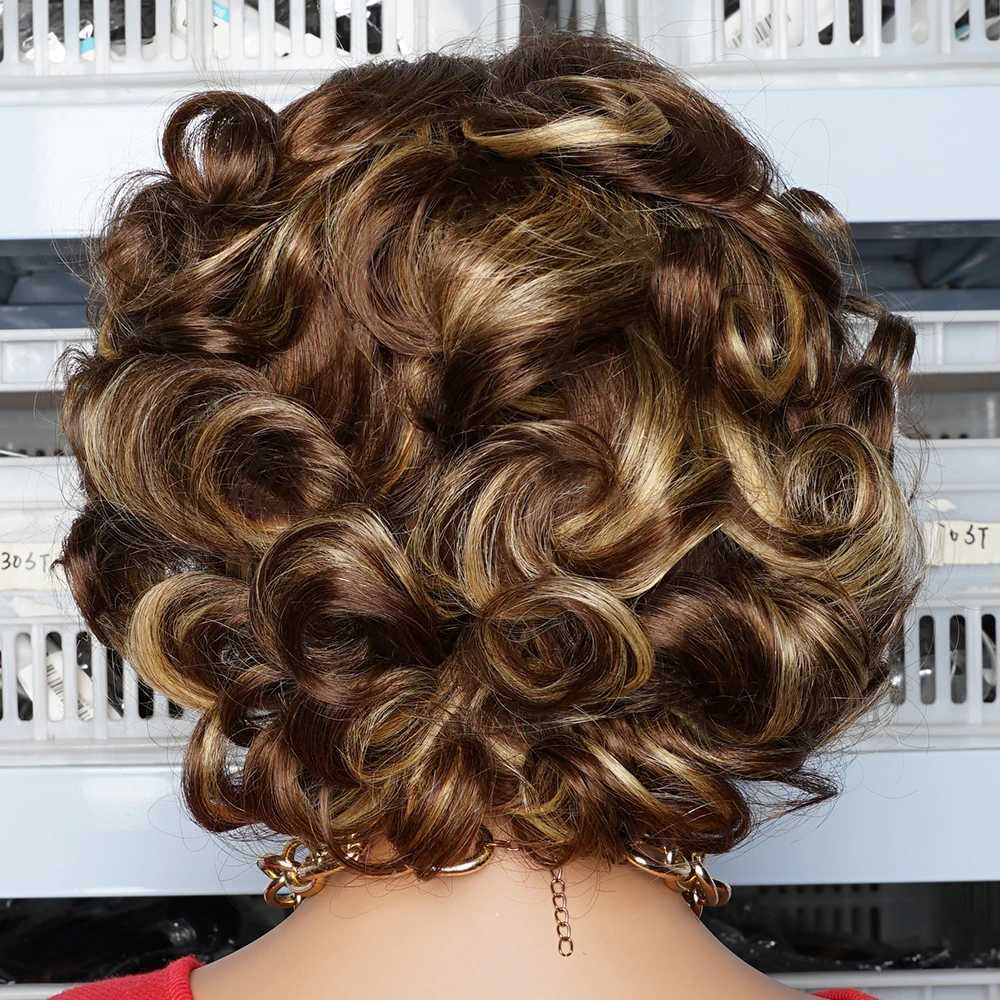 Highlight P4/27 Wavy Wigs Side Part 44 Lace Closure Wig Short Pixie Loose Wave Human Hair Wig Layered Cut Brown Blonde 8inchesT251111
