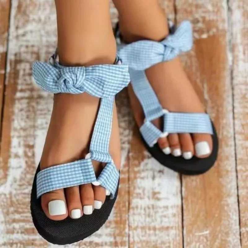 New style large-sized e-line buckle womens sandals new spy sole with open sole fabric bow shoes for women Zapatos De MujerXJ250410
