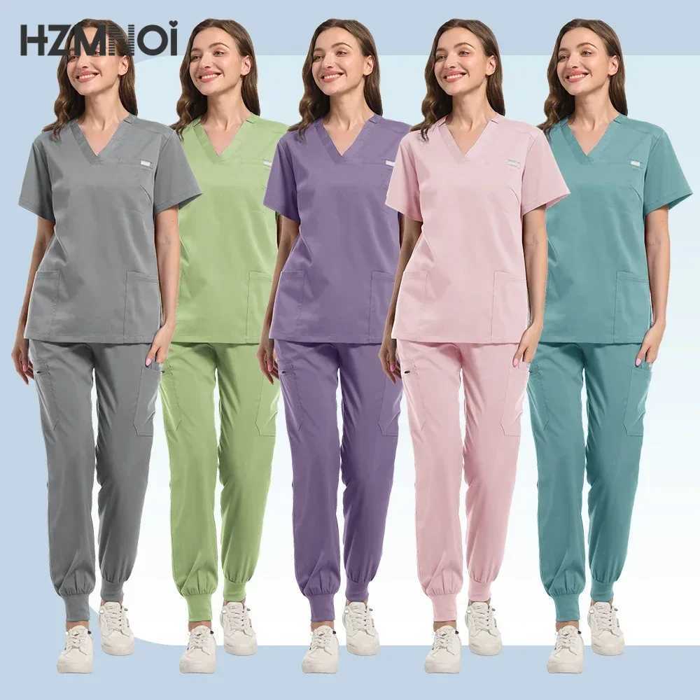 High Quallity Nurse Uniforms with Pockets Beauty Sn Work Clothes Surgical Top+Jogger Pants Clinic Workwear Medical Scrubs Set X250410