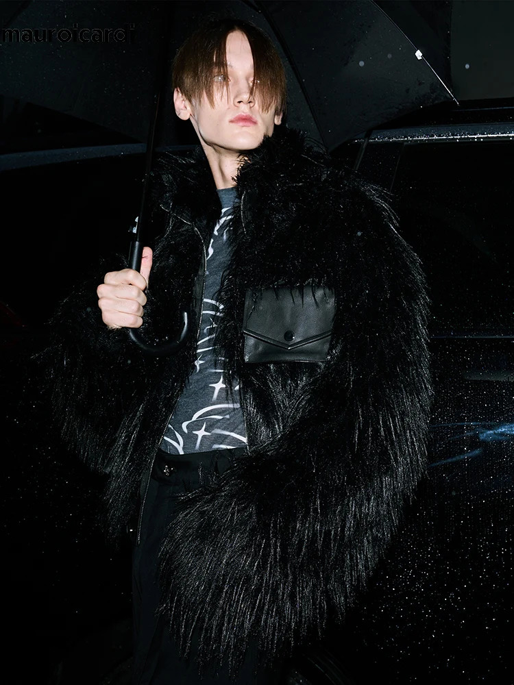Mauroicardi Winter Cool Handsome Black Thick Warm Soft Patchwork Faux Fur Coat Men Clothing Fluffy Jacket 251105