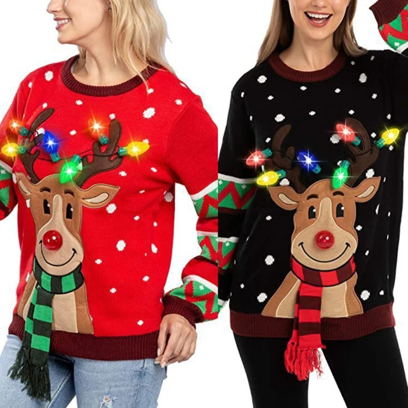Women LED Light Up Holiday Sweater Christmas Cartoon Reindeer Knit Pullover Top 251106