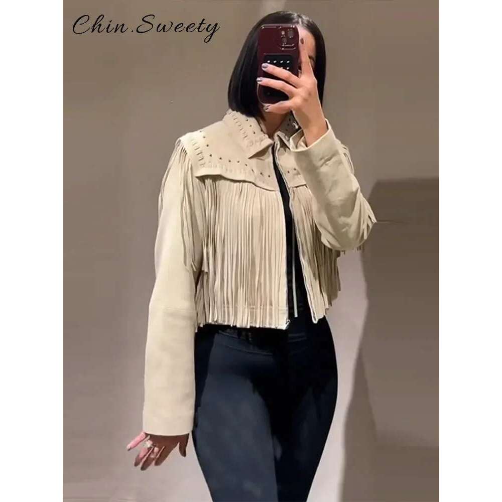 Casual Retro Tassels Rivet Short Jacket Women Solid Loose Lapel Long Sleeve Ziper Jackets 2025 Spring Lady High Street Coats New