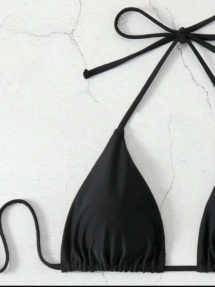 2025 New Set Women Sexy Simple Solid White/Black/Coffee Halter Bikini Swimsuit Lace Up Brazilian Beach Bathing Suit