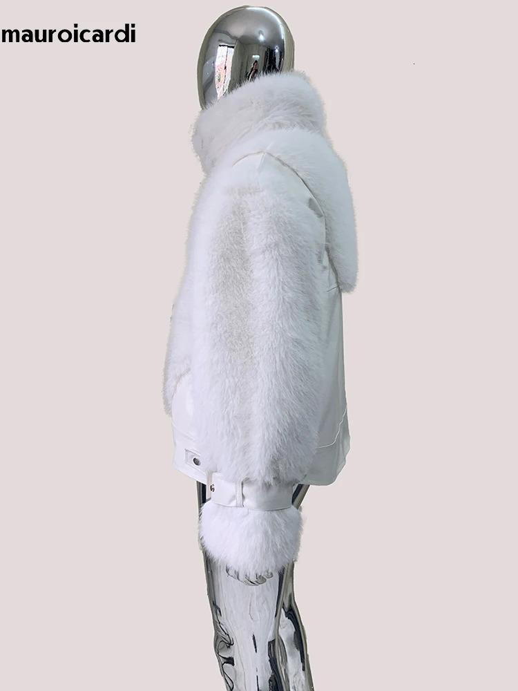 Mauroicardi Autumn Winter Short Thick Warm White Pu Leather Patchwork Faux Fur Coat Men Stand Collar Zip Up Fluffy Jacket 2025 251105