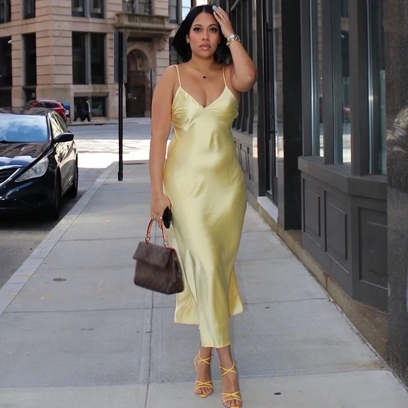 TRAF Yellow Dress Summer Dress For Women Satin Backless V Neck Midi Dresses Elegant Evening Party Dress 2025 Holiday Strap Dress 250410