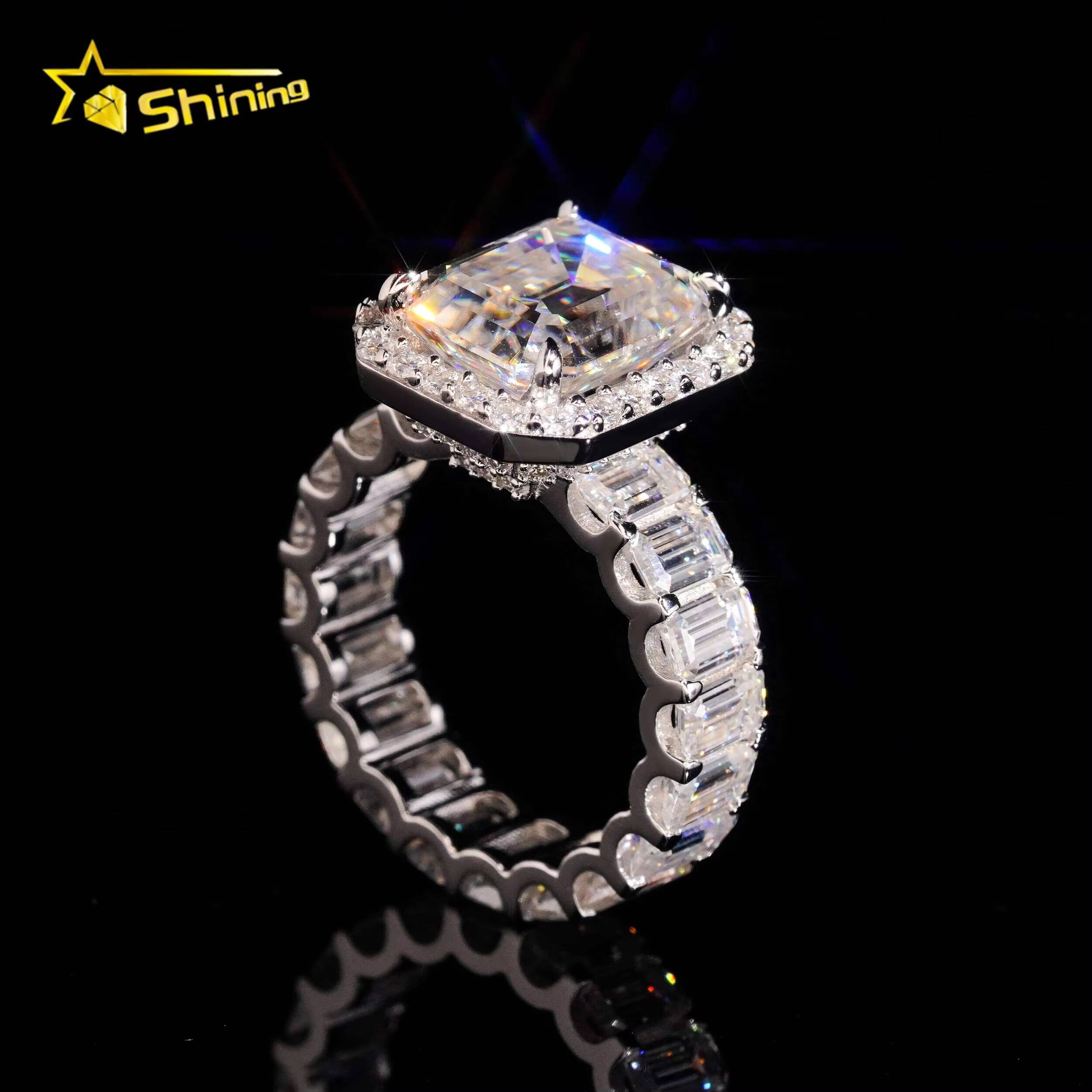 Pass Diamond Tester Wholesale Solid Silver 925 VVS Moissanite 5ct Emerald Cut Engagement Band Ring Iced Out Wedding Ring