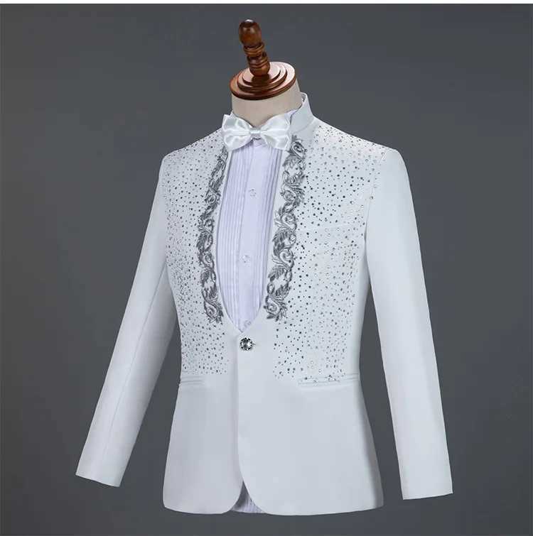 White sparkling crystal embroidered mens suit with pants wedding grooms evening gown mens standing collar stage costume mens wedding dress W250410