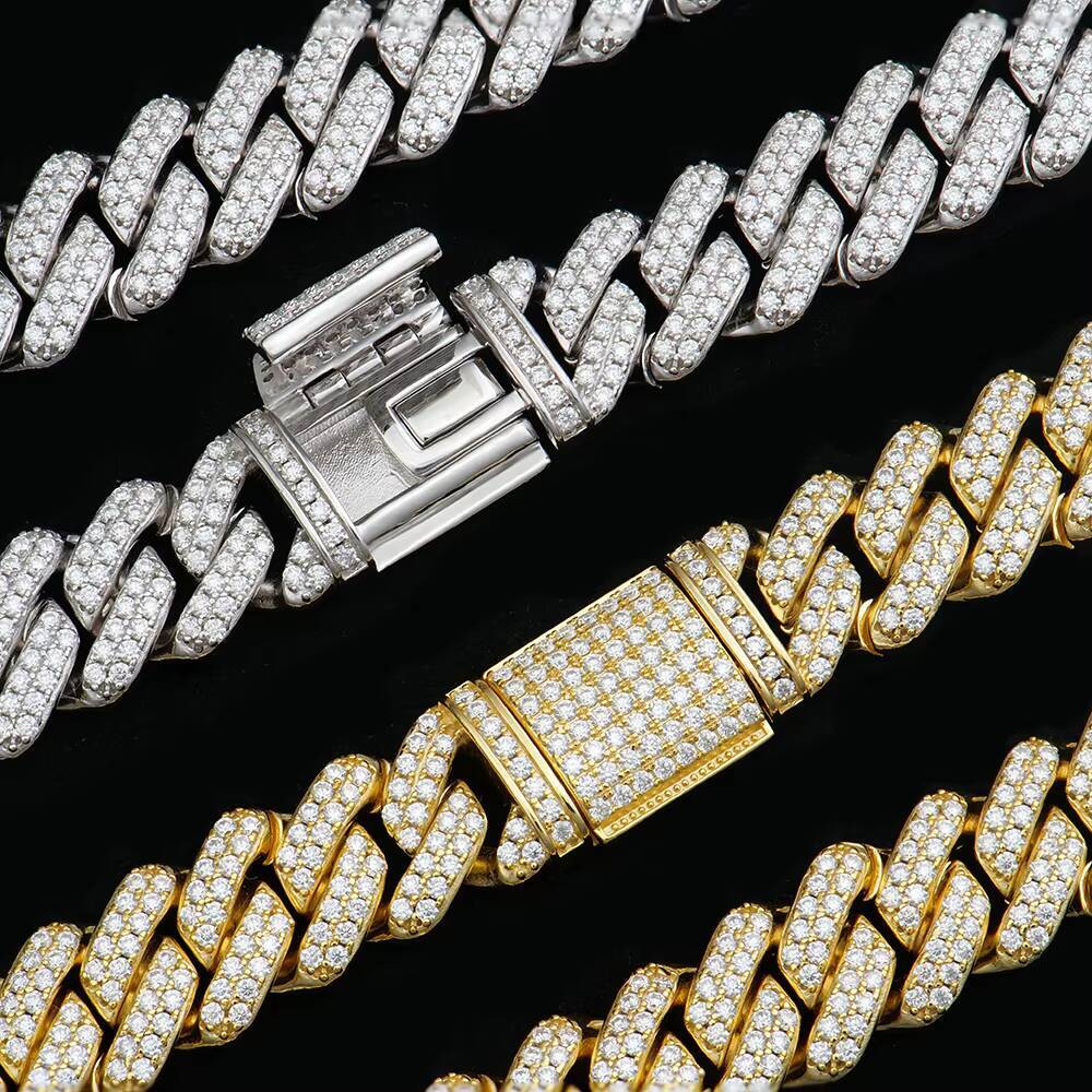 Miami Cuban Chain Full Pave Iced Sterling Silver VVS DEF Moissanite Cuban Link Chain 12mm Rhombic Style HipHop Jewelry Men Gift