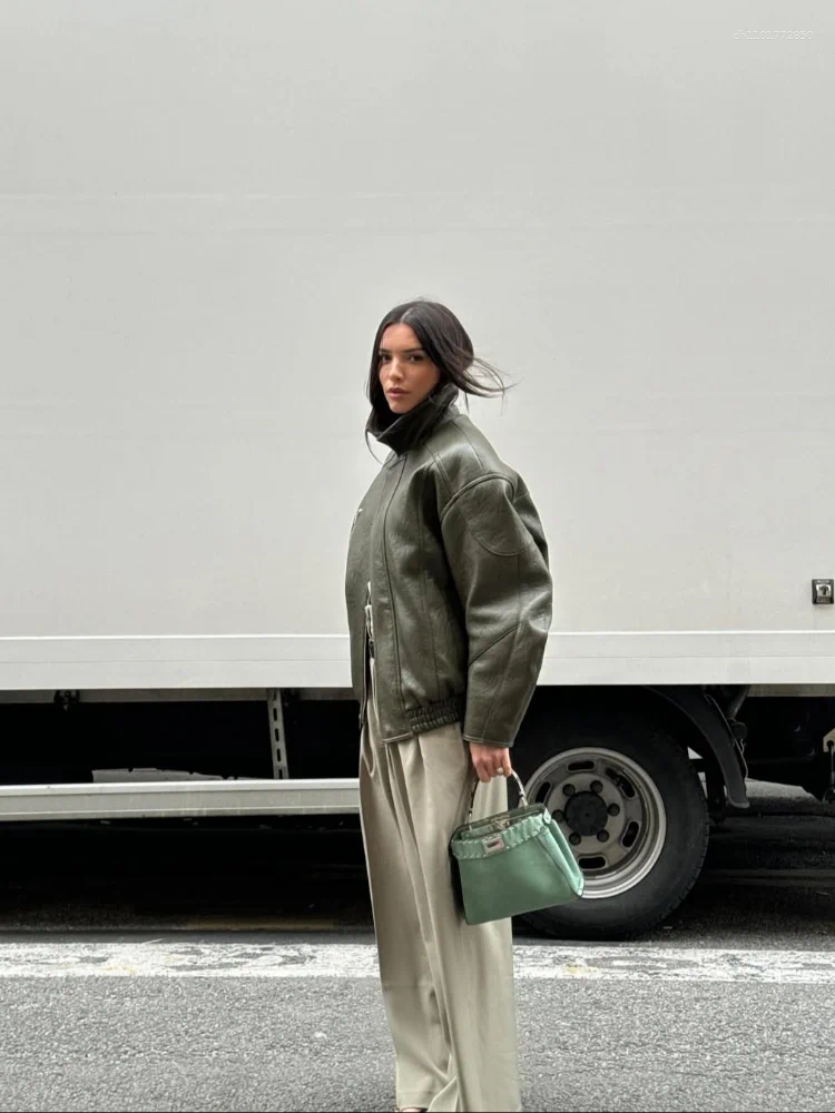 Women's Jackets Army Green Leather Pleated Jacket Vintage Casual Long Sleeved Elastic Waist Zipper Pocket Loose Wear Autumn Daily Coat 2025