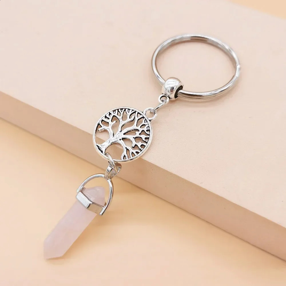 10 pieces of colorful natural stone keychains hexagonal prism life tree keychains womens handbags car keyholders keychains jewelry 250409