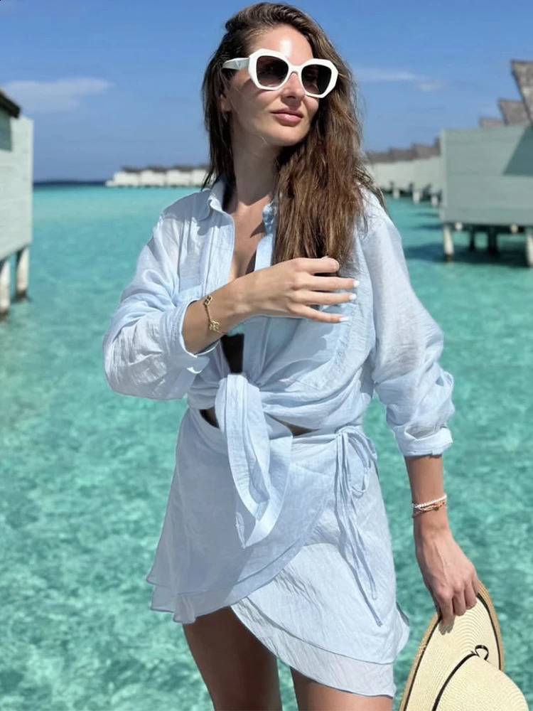 Trendix Vacation Beach Cover Up Sets Women Long Sleeve Loose Blouse And Holiday Casual Party Fashion Mini Skirts 2 Piece Suits 250409
