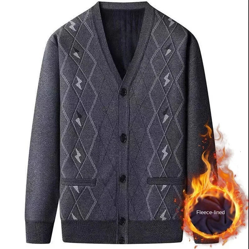 Winter Plush and Thickened Middleaged Elderly Mens Knitted Cardigan Sweater Jacket Vneck Dad Loose Knit 251030