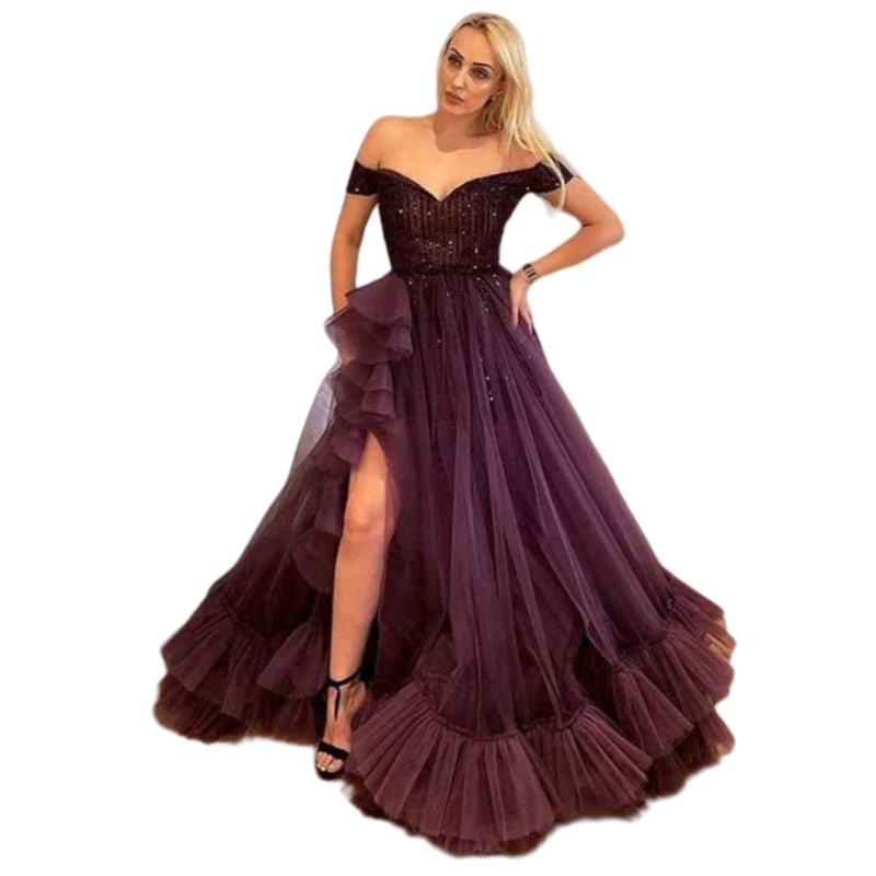 Chic Burgundy Ruffle Off-Shoulder Prom Dress with Side Slit 2025 Sparkling Sequins Long Evening Gown for Special Events