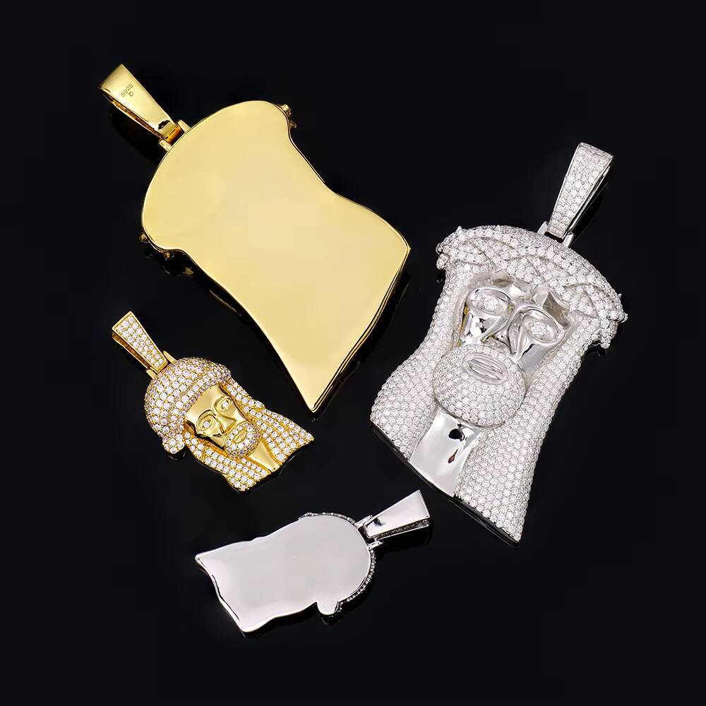 Mens 925 Sterling Silver Jesus Pendant Gold 18K Plated Featuring Ice Diamond Mossanite Moissanite Hip Hop Style Unique Face