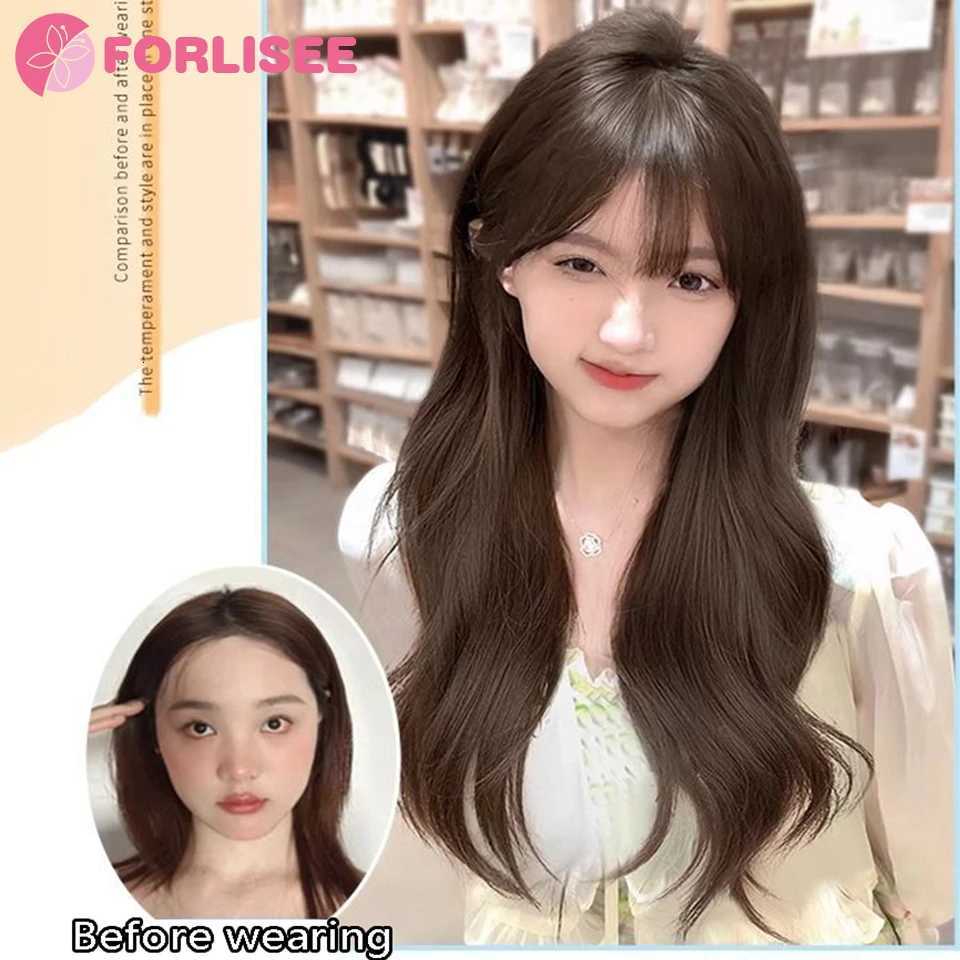 FORLISEE 23-inch Long Curly Hair Synthetic Fluffy Atmosphere Natural Full Bangs Long Curly Chemical Fiber Heat-resistant WigT251111