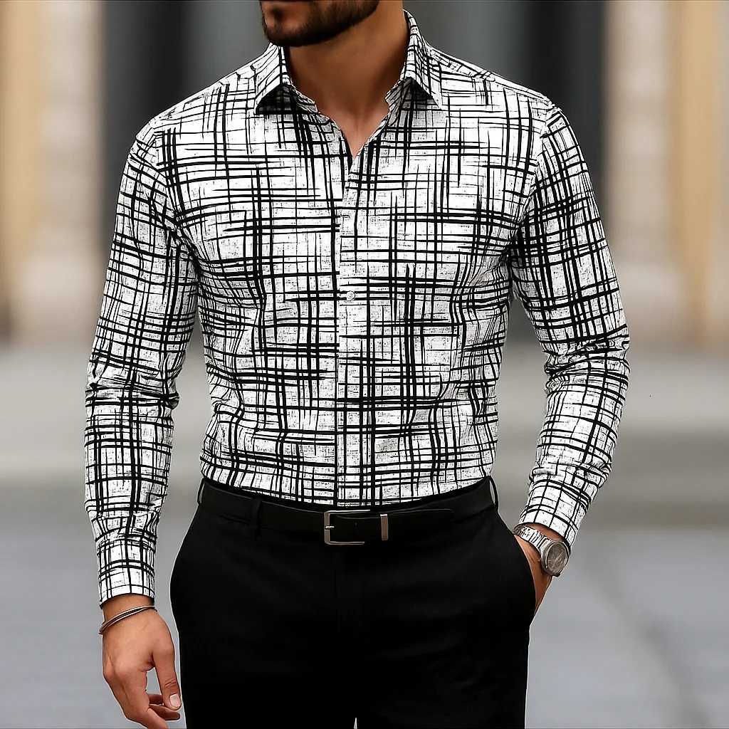 2025 Mens Long Sleeve Shirt Casual Slim Fit Button Down Shirt Linear Stripe Texture Shirt for Men Fashion Top Blouse Male Tees K251110