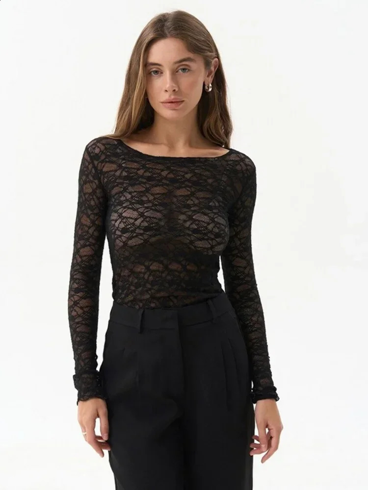 See Through lace Tshirt womens streetwear long sleeved Ropa De Mujer solid color crop ultrathin slim fitting Camisetas Y2k accessories 250411Z