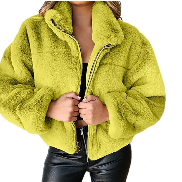 2025 Winter Womens Warm Jacket Zipper Cardigan Faux Fur Fashion Long Sleeve Stand Collar Plush Coat for Female 251103