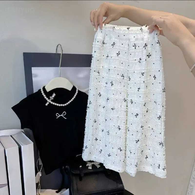 2-8Y Girl Short Sleeve Set Childrens 2025 Summer Dress New T-shirt Korean Bow Top Wide Leg Pants Baby Summer DressXJ250410