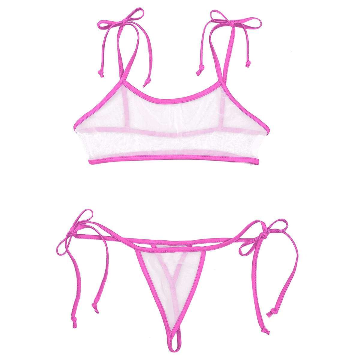 Womens See Through Mesh Mini Brazilian Swimsuit Halter Self-tie Micro Bra Top String Thong Bikini Set Swimwear