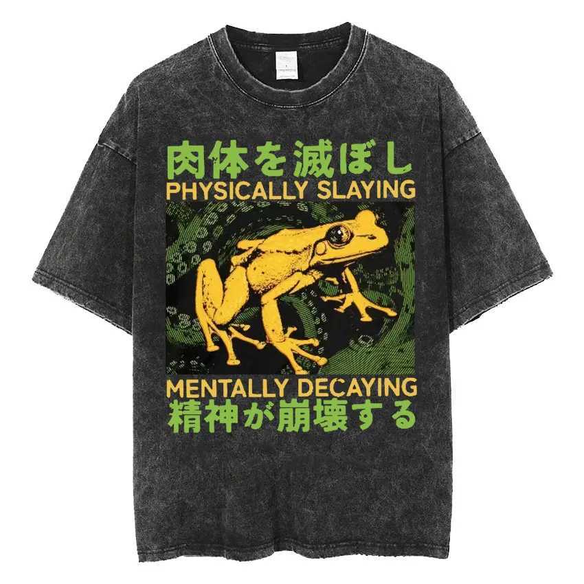 Terror will never end but I still have silly T-shirts with fun Japanese style frog retro wash T-shirts for mens oversized T-shirts M250411