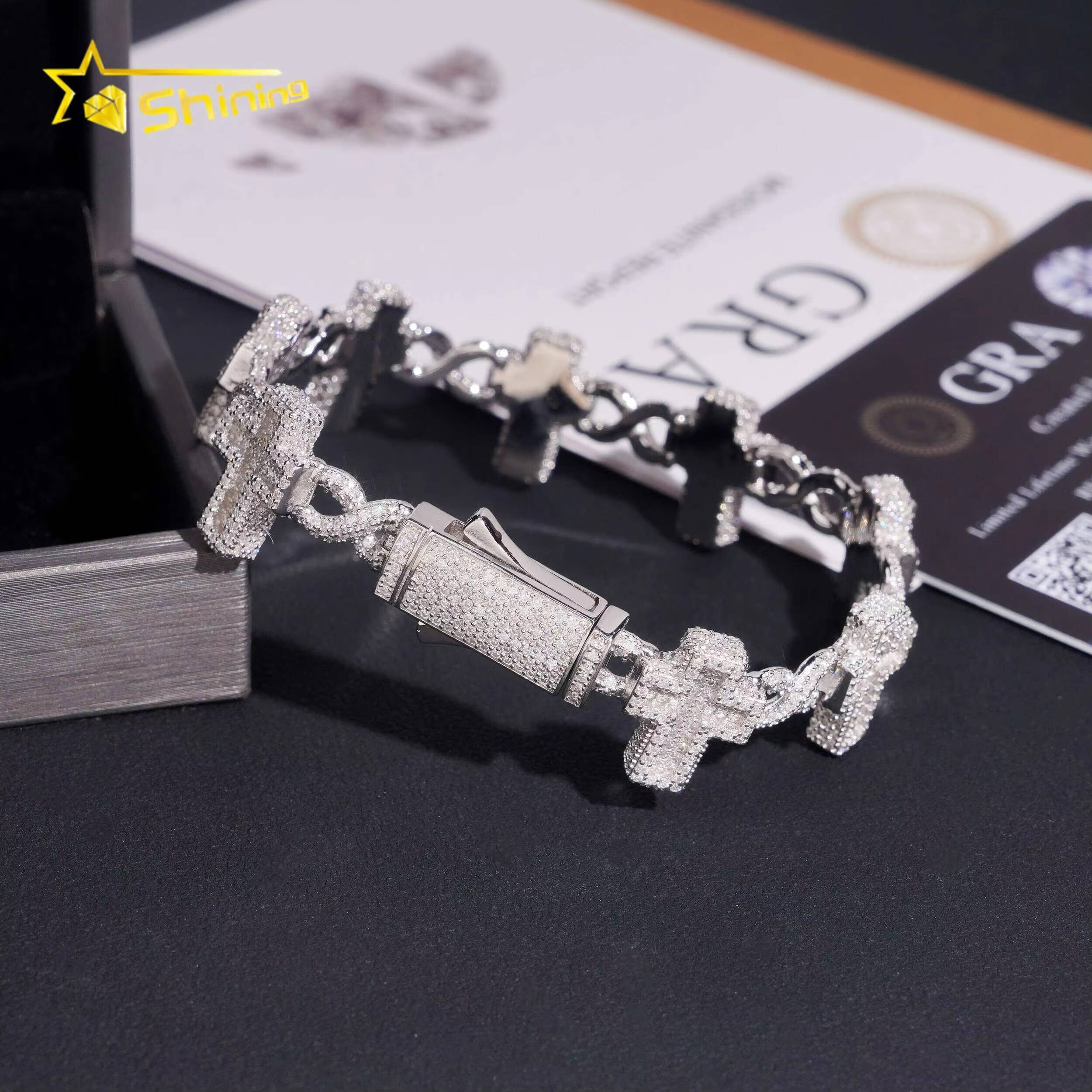 Moissanite Pass Diamond Test Men Bracelet Gold Plated S925 Moissanite Sparking Hop Hip Iced Out Cross Cuban Link Bracelet