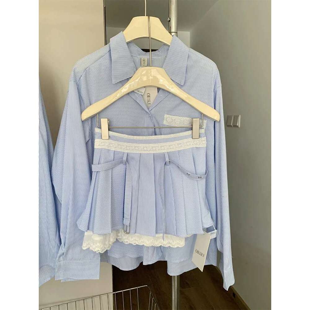 Autumn Women Old Money Striped Korean Stylish Suit Outfits 2 Piece Set Long Sleeve Shirts + Ballet Core Mini Lace Pleated Skirt
